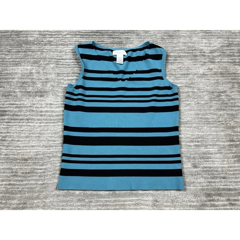 Vintage Worthington Top Womens Medium Blue Black Striped V-Neck Sleeveless
